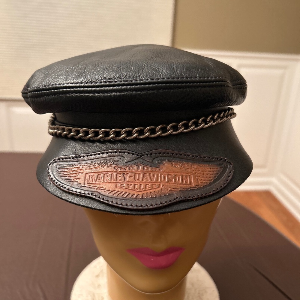 Harley-Davidson Black Leather Chain Accent Biker Cap with Brown Logo Patch